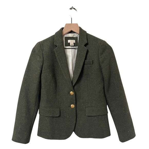 J. Crew Army Green Gold Buttons Wool Blend Career Style Blazer Size 0-Petite - Picture 1 of 10